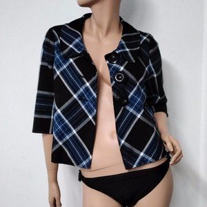 dolled up by fang Jacket Blazer Size L Blue Black Plaid Big Buttons 3/4 sleeves